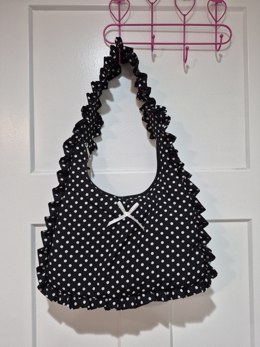 Polka Dot Ruffle Shoulder Bag in Black & White